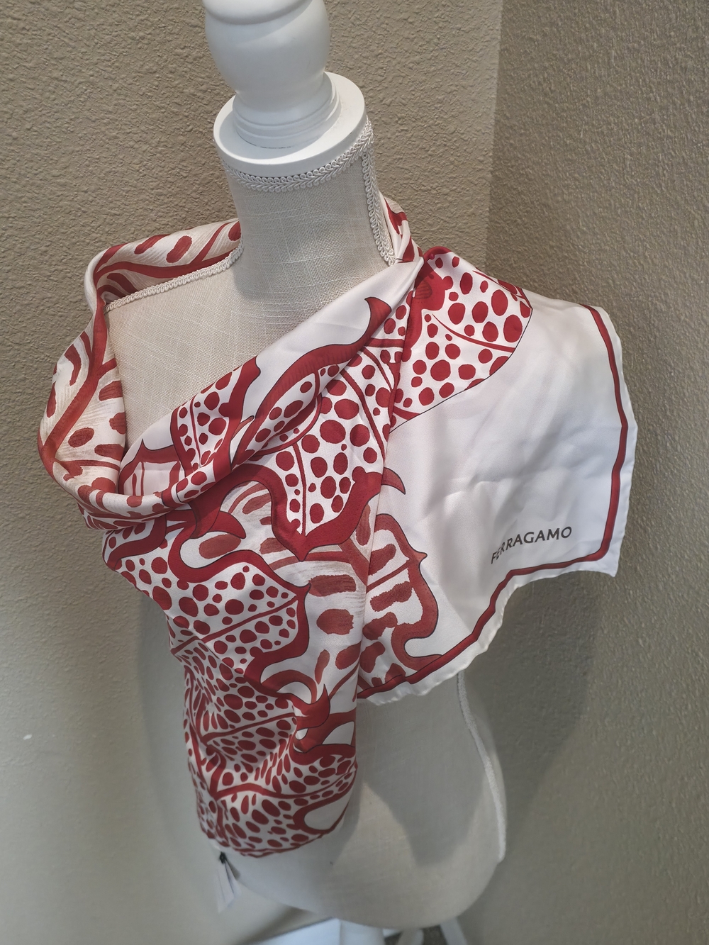 Salvatore Ferragamo White and Red Silk Scarf